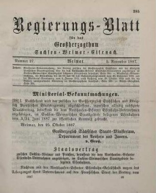 98. Ministerial-Bekanntmachung, den Vertrag zwischen der Großherzoglich Sächsischen und der Königlich Preußischen Staatsregierung über die dem Nordhausen-Erfurter Eisenbahn-Unternehmen angehörigen, im Sachsen-Weimarischen Staatsgebiet belegenen Eisenbahnen betreffend