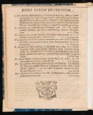 Index Harum Orationum.