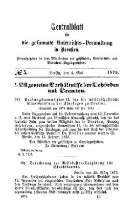 Berechnung der Reisekosten-Vergütung für Staatsbeamte : [I. Allgemeine Verhältnisse der Behörden und Beamten]