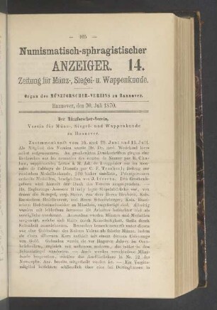 Numismatisch-sphragistischer Anzeiger. 14. 30. Juli 1870