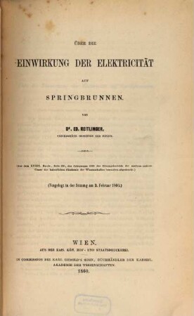 Über die Einwirkung der Elektricität auf Springbrunnen : vorgelegt in der Sitzung am 3. Februar 1860