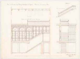 Schloss Queitsch Umbau und Ausbau: Entréewand im Flur: Grundriss, Aufriss Ansicht, Schnitt Kellertreppe, Treppenlauf mit Geländer, Querschnitt, Maßstabsleiste