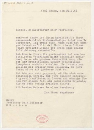 Brief an Hans Pfitzner : 27.09.1946
