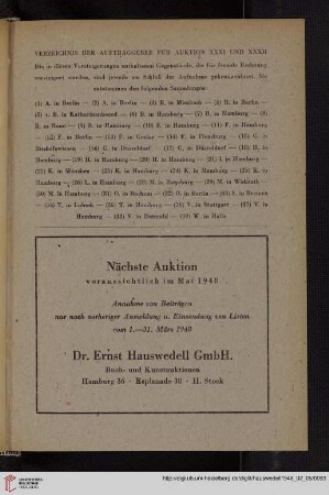 Verzeichnis der Auftraggeber für Auktion XXXI und XXXII