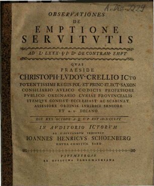 Observationes De Emptione Servitutis : Ad L. LXXX. §. D. De Contrah. Empt