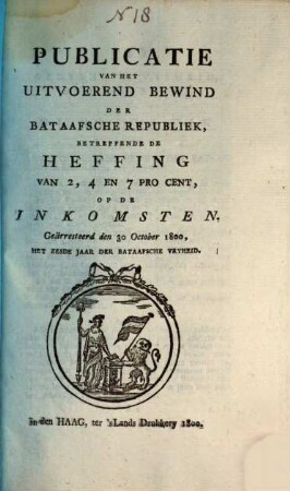 Publicatie van het uitvoerend bewind der Bataafsche Republiek. 1800, 30. Okt.