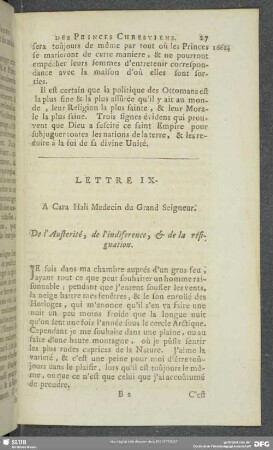 Lettre IX. A Cara Hali Medecin du Grand Seigneur