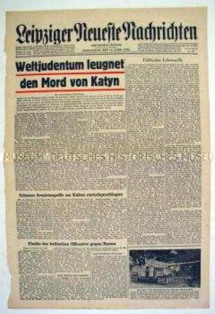 Titelblatt der Tageszeitung "Leipziger Neueste Nachrichten" zum Massaker von Katyn (Schlagzeile: "Weltjudentum leugnet den Mord von Katyn")