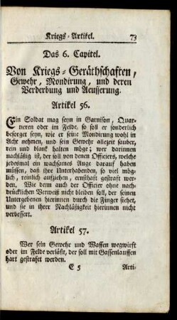 Das 6. Capitel. Von Kriegs-Geräthschaften, Gewehr, Mondirung, und deren Verderbung und Aeusserung
