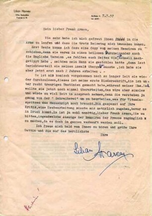 Korrespondenz von Lilian Harvey an Frank Arnau