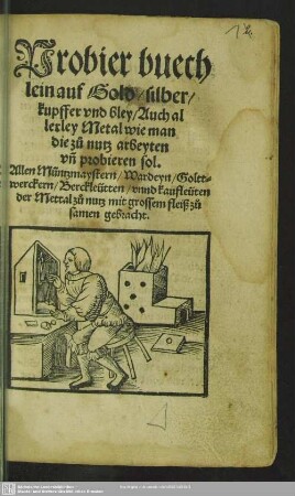 Probier buechlein auf Gold, silber, kupffer vnd bley, Auch allerley Metal wie man die zů nutz arbeyten vn[d] probieren sol. : Allen Müntzmaystern, Wardeyn, Golt-//werckern, Berckleüten, vnnd kaufleüten // der Mettal zů nutz mit grossem fleyß zů//samen gebracht. //
