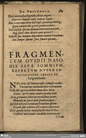 Fragmentum Ovidii Nasonis Sive Somnium Repertum Nuper in Vetustissimo Codice Ex Epigrammatis