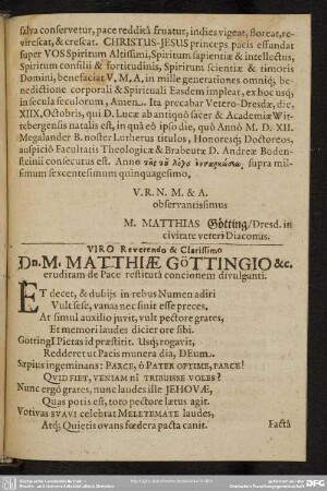 Viro Reverendo & Clarissimo Dn. M. Matthiae Göttingio &c. ...