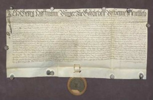 Gültverschreibung des Georg Hoffmann, Bürger zu Göbrichen, über zehn Pfund Pfennig Hauptgut, für das er jährlich zehn Schilling Pfennig an die geistliche Verwaltung zu Pforzheim zahlt.