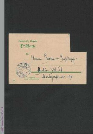 Postkarte von Anita Augspurg an die Herren Grotta und Großkopf, hs.