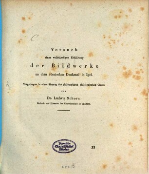 Versuch einer Erklärung der Bildwerke an dem römischen Denkmal in Igel