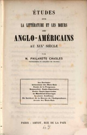 Études sur la littérature et les mœurs des Anglo-Américains au XIXe siècle