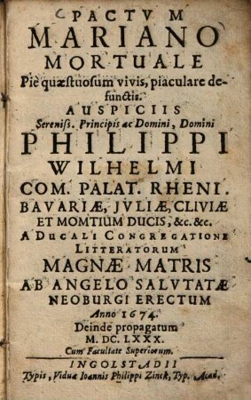 Pactvm Mariano Mortuale : Pie quaestuosum vivis, piaculare defunctis