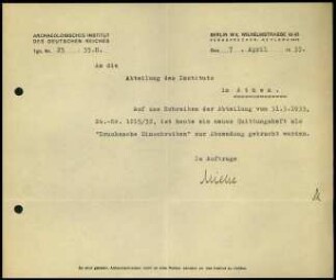 Schreiben; AIDR an DAI Athen (Quittungsheft)