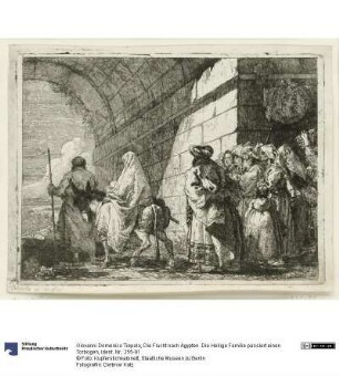 Die Flucht nach Ägypten. Die Heilige Familie passiert einen Torbogen
