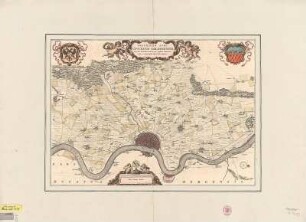 Umgebungskarte von Köln, ca. 1:70 000, kolor. Kupferst., 1663 : Descriptio Agri Civitatis Coloniensis : cum suis limitibus, terminis, Viis, confiniis, interiacentibus et adiacentibus Pagis, Villis, Castris, etc.. - [Ca. 1:70 000]. - [Amstelodami] : [Jean Blaeu] , [1663]. - 1 Kt. : kolor. Kupferst. ; 51 x 36 cm