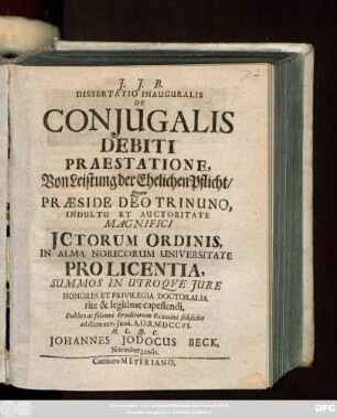 Dissertatio Inauguralis De Conjugalis Debiti Praestatione