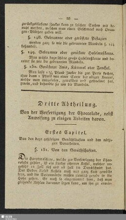 Dritte Abtheilung. Von der Verfertigung der Chocolade, nebst Anweisung zu einigen Arbeiten davon.