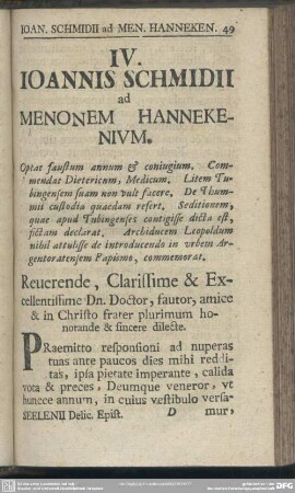 IV. Ioannis Schmidii ad Menonem Hannekenium