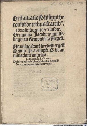 Declamatio Philippi beroaldi de tribus fratrib[us] ebrioso: scortatore [et] lusore