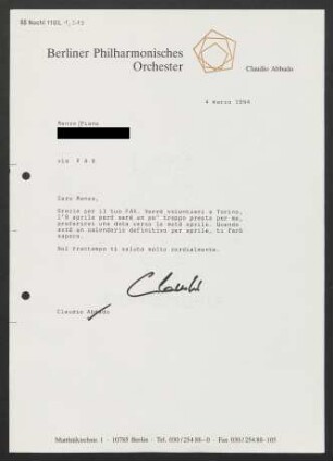 Brief an Renzo Piano, 04.03.1994
