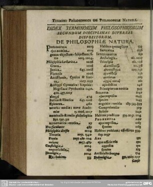 Index Terminorum Philosophicorum Secundum Disciplinas Diversas Dispositorum. De Philosophiae Natura