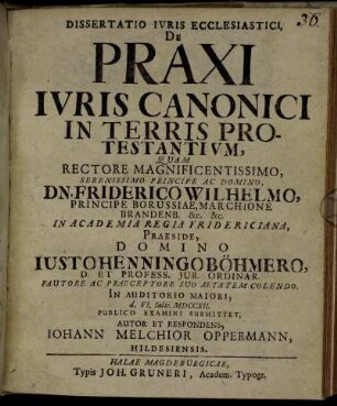 Dissertatio Ivris Ecclesiastici, De Praxi Ivris Canonici In Terris Protestantivm