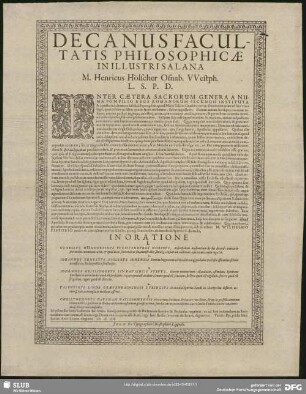 Decanus Facultatis Philosophicae In Illustri Salana M. Henricus Hölscher Osnab. VVestph. L. S. P. D.