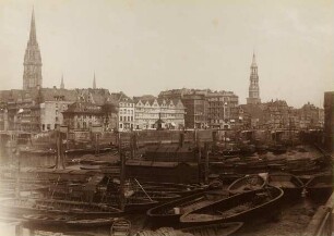 "Beim neuen Krahn vom Kehrwieder aus gesehen" aus der Mappe "Hamburg 1884. Ansichten aus dem niederzulegenden Stadttheil"