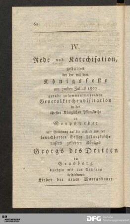 IV. Rede und Katechisation