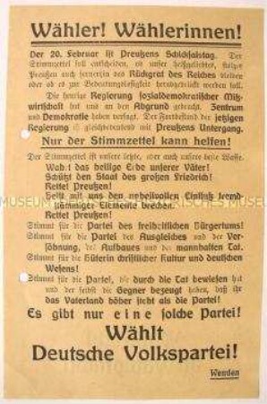 Gegen die Sozialdemokratie gerichteter programmatischer Wahlaufruf der Deutschen Volkspartei zur Preußenwahl