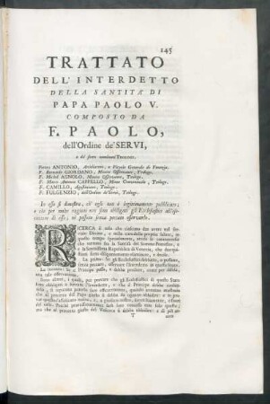 Trattato Dell'Interdetto Della Santità Di Papa Paolo V. Composto Da F. Paolo, dell'Ordine de'Servi, ...