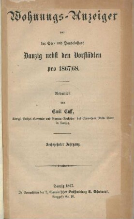 16.1867/68: Wohnungs-Anzeiger von der See- und Handelsstadt Danzig nebst den Vorstädten