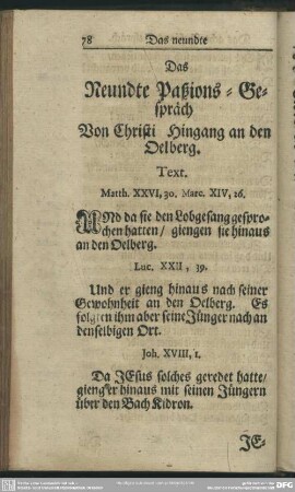 Das Neundte Paßions-Gespräch Von Christi Hingang an den Oelberg