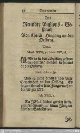 Das Neundte Paßions-Gespräch Von Christi Hingang an den Oelberg
