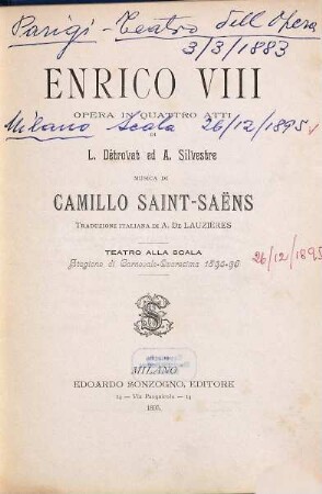 Enrico VIII : opera in quattro atti ; Teatro alla Scala, stagione di carnevale quaresima 1895 - 96