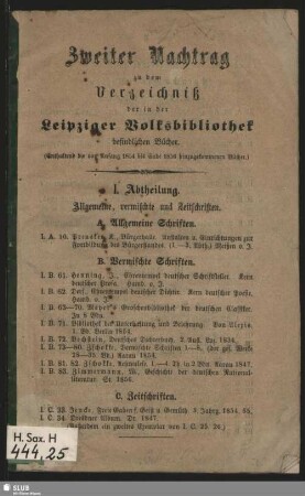 2. Nachtrag: Enthaltend die von Anfang 1854 bis Ende 1856 hinzugekommenen Bücher