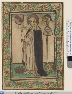 Hl. Birgitta, stehend, in Blattwerkrahmen