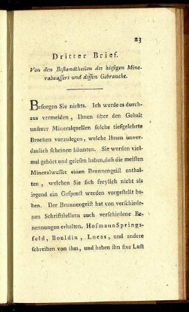 Dritter Brief. Von den Bestandtheilen des hiesigen Mineralwassers und dessen Gebrauche.