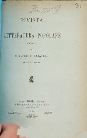 Rivista di letteratura popolare. 1,2. 1878