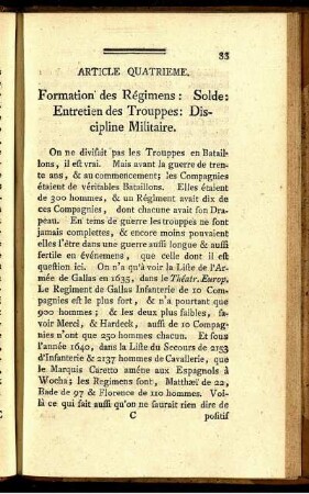 Article Quatrième. Formation des Régimes: Solde: Entretien des Trouppes: Discipline Militaire.