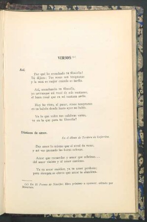 Versos : Así [y] Dísticos de amor [y] Claro