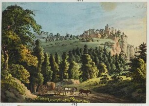 Stadt und Burg Hohnstein in der Sächsischen Schweiz aus dem Polenztal von Westen