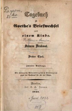 Tagebuch zu Goethe's Briefwechsel mit einem Kinde. Seinem Denkmal