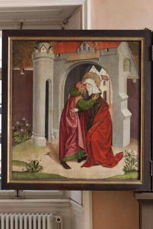 Lauterbacher Marienaltar — Zweite Schauseite - Marienleben — Linker äußerer Flügel - Die Begegnung Annas und Joachims an der Goldenen Pforte &